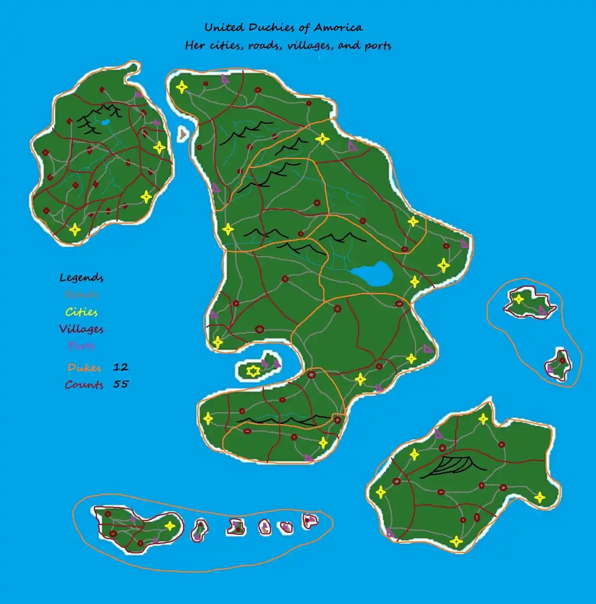 A hand-drawn fantasy map titled 'United Duchies of Amorica' showing multiple green landmasses on a blue ocean background…