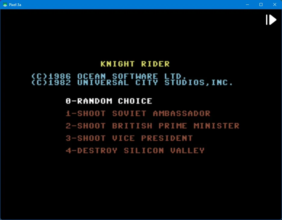 A retro-style video game title screen for 'Knight Rider' displays copyright info and a menu with absurd choices including…