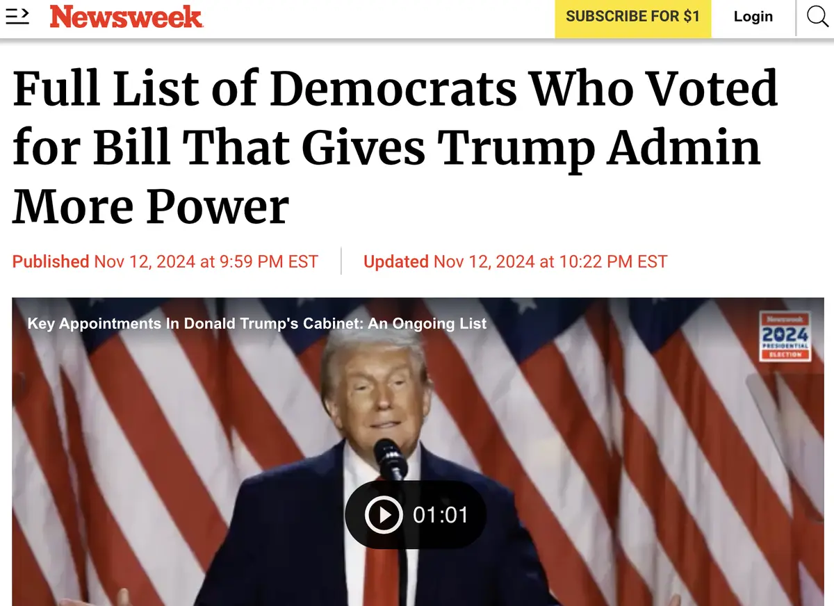 A screenshot of a Newsweek article header with the headline 'Full List of Democrats Who Voted for Bill That Gives Trump…