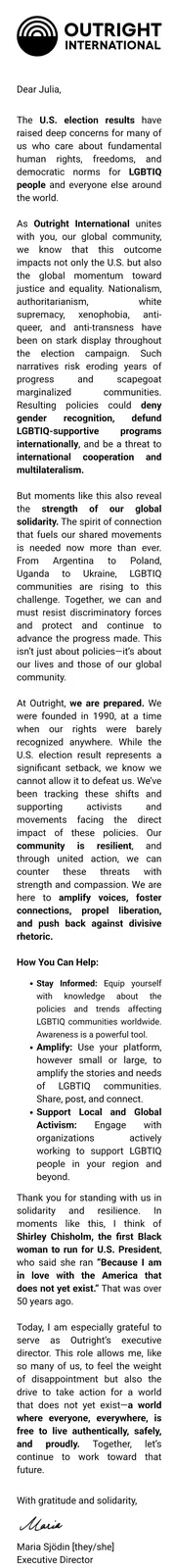 The image displays a formal letter from Outright International addressed to 'Julia,' expressing concern over U.S. election…