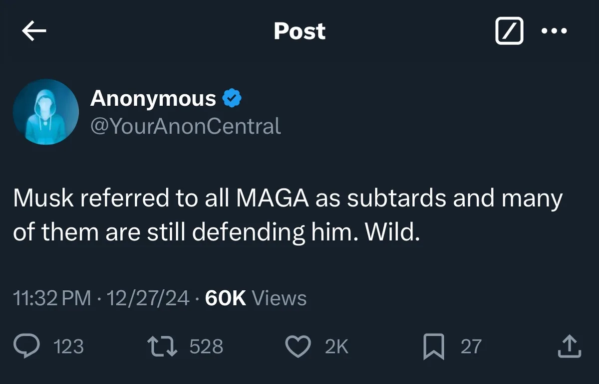 A screenshot of a social media post from an account named 'Anonymous' with a blue verified checkmark and a hooded figure…