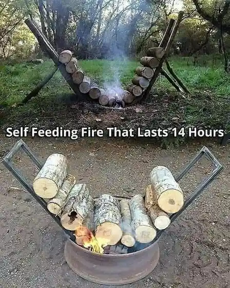 The image displays two photos of a fire pit designed to look like a hammock, with logs arranged in a curved, suspended…