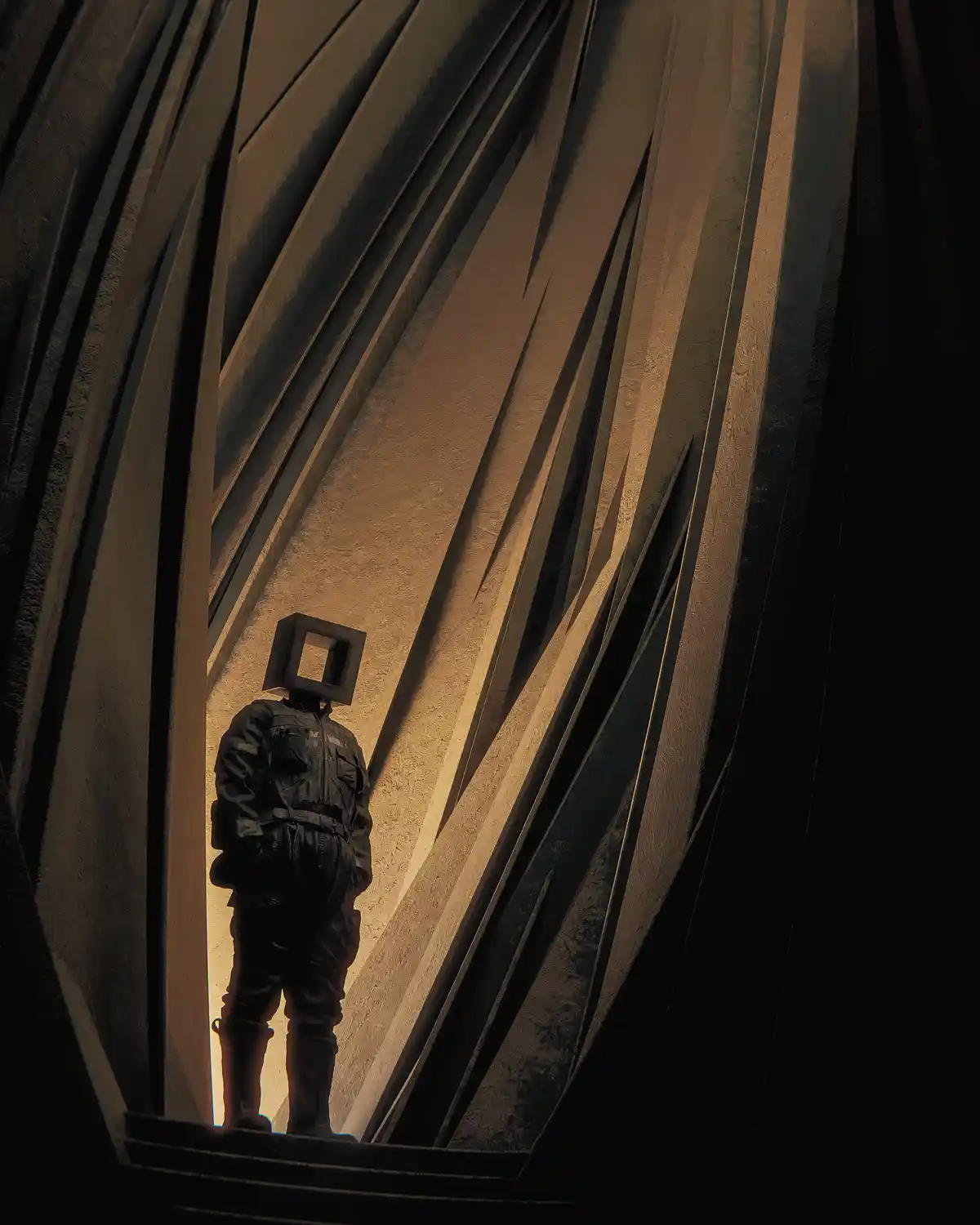 A person wearing a dark, bulky outfit stands at the bottom of a narrow, angular architectural structure with dramatic…