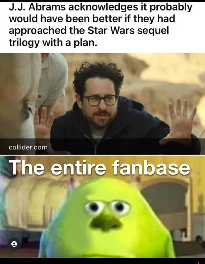 The image is a two-panel meme. The top panel shows J.J. Abrams with his hands raised in a gesture of surrender or apology…