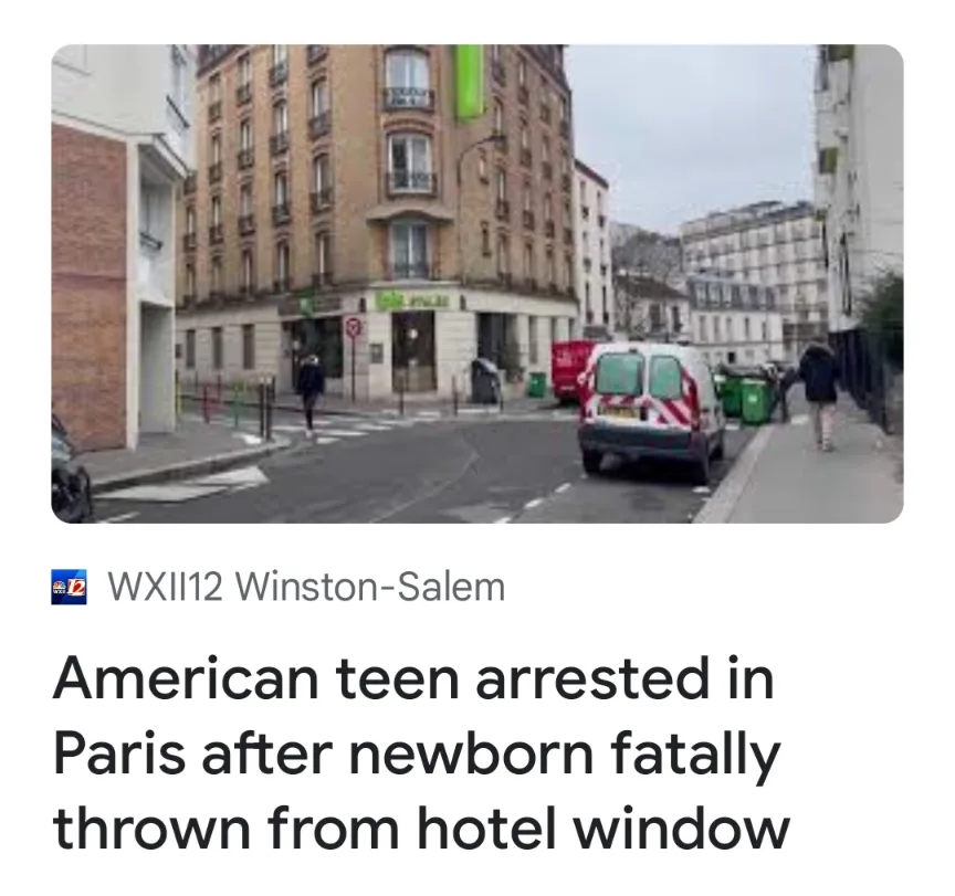 A screenshot of a news headline from WXII12 Winston-Salem overlaid on a photo of a Parisian street corner with buildings, a…
