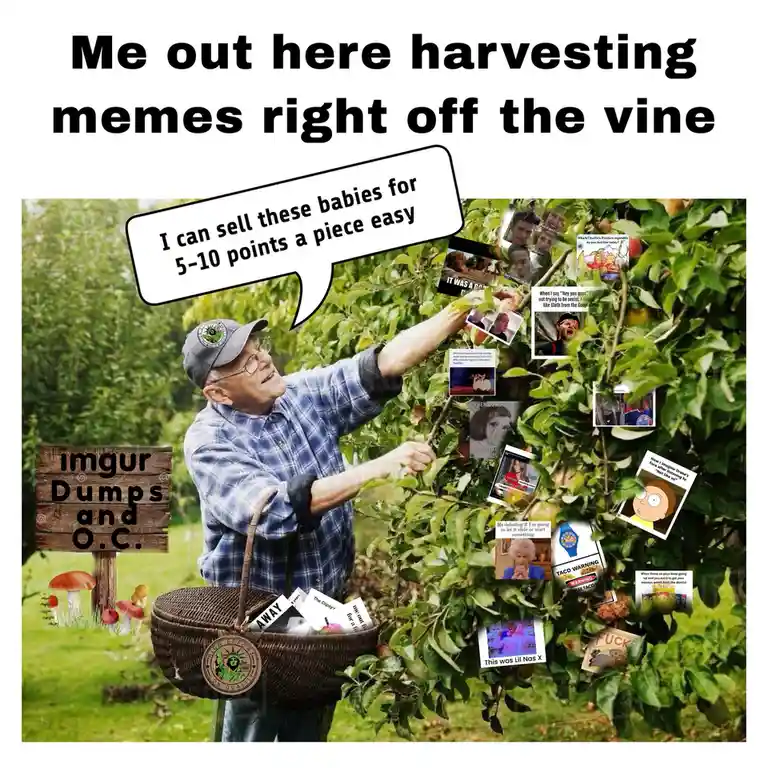 An older man in a plaid shirt and cap harvests small images of popular internet memes from an apple tree, placing them in a…