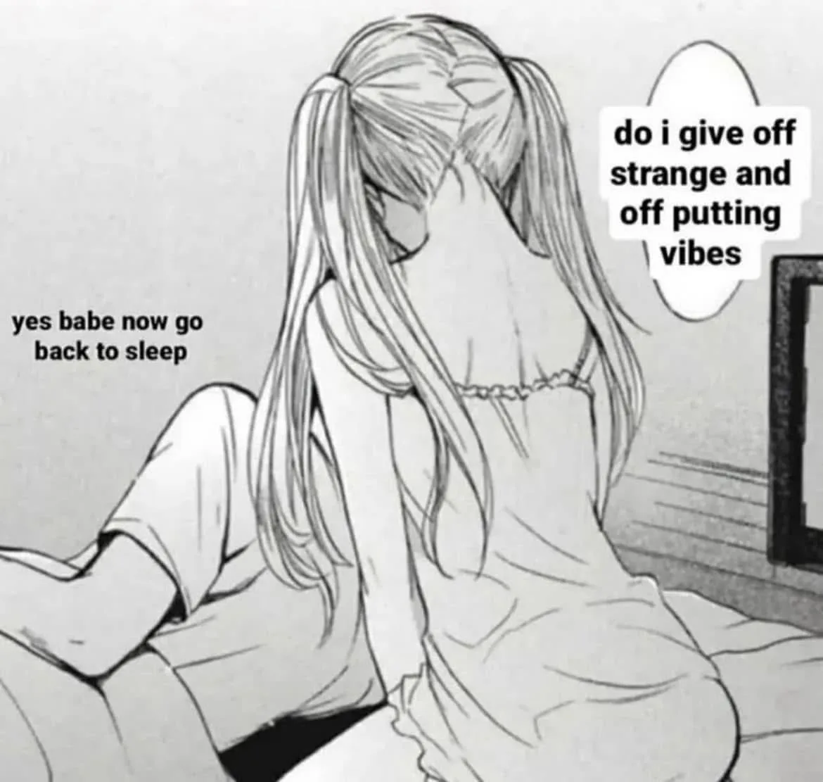 A black-and-white manga-style drawing shows a woman with long hair in pigtails sitting on a bed, viewed from behind. She has…