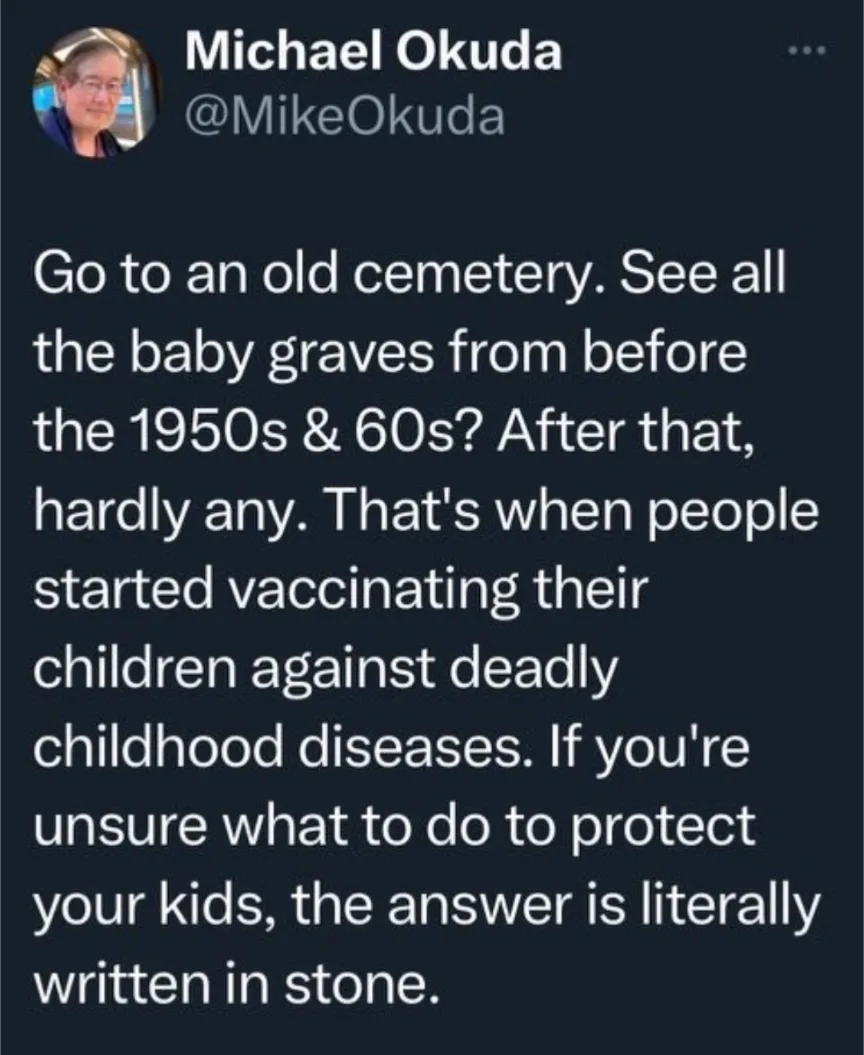 A screenshot of a tweet by Michael Okuda (@MikeOkuda) showing a dark background with white text. The text argues that the…