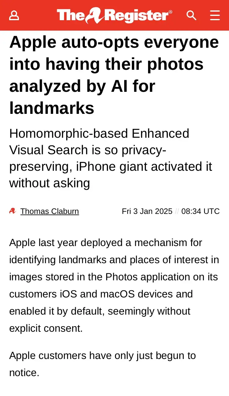 A screenshot of a The Register news article headline stating Apple auto-opts everyone into having their photos analyzed by…