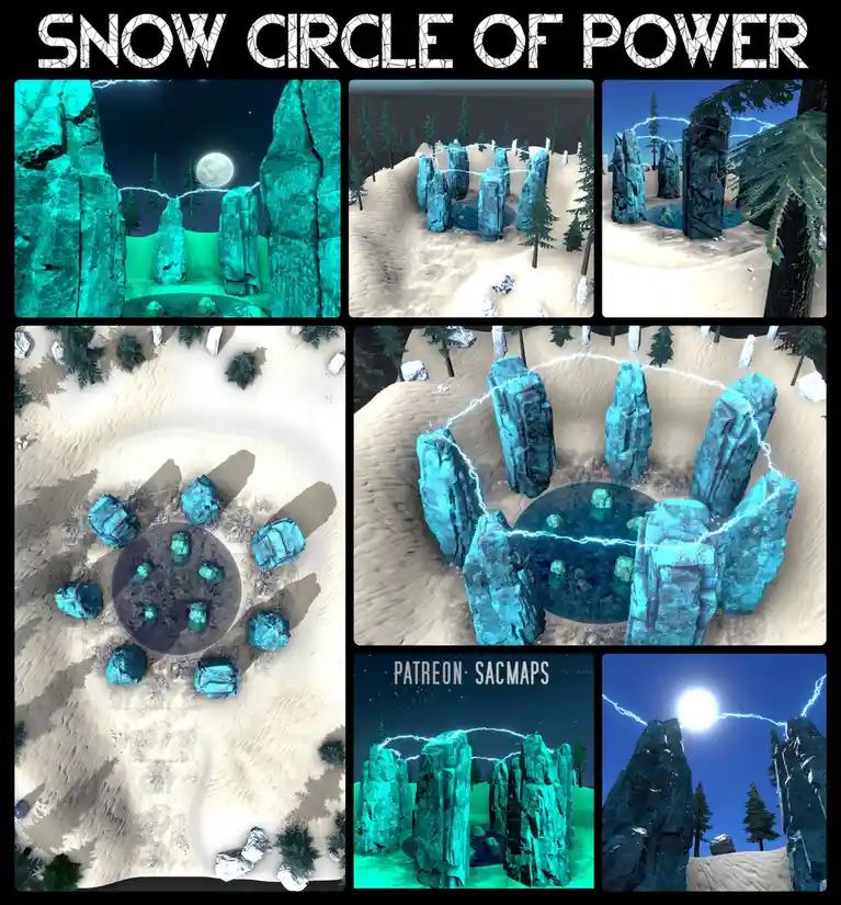 A collage of six images showing a digital, fantasy-style stone circle in a snowy or sandy landscape, with glowing blue…