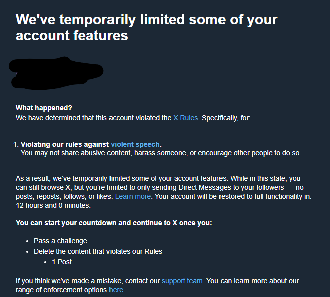 A screenshot of an X (formerly Twitter) account restriction notice with the user's name blacked out. The text explains the…
