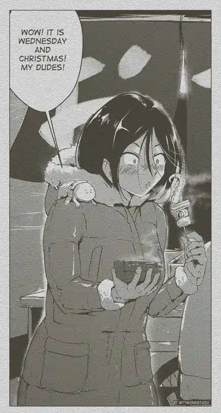 A black-and-white manga panel shows a young woman in a heavy winter coat holding a steaming bowl and a skewer of food, with…