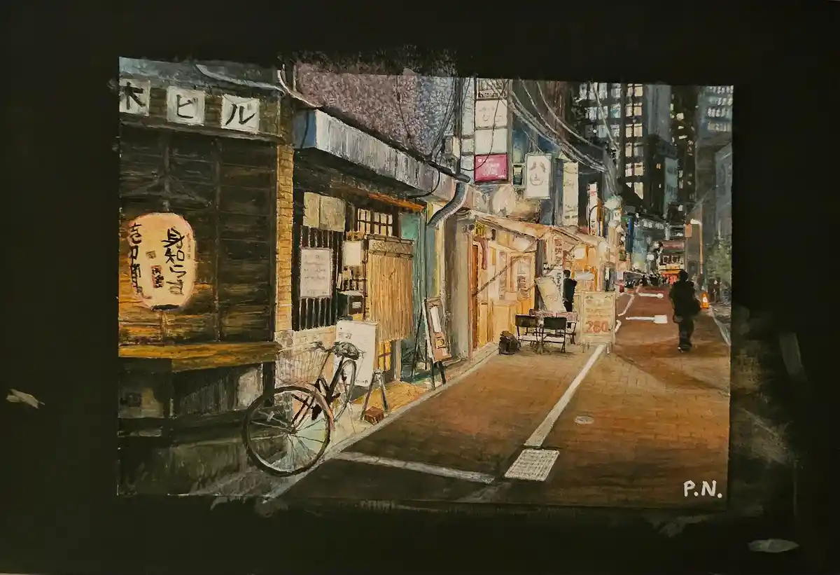A painting depicts a quiet, dimly lit Japanese alleyway at night, featuring traditional wooden buildings with glowing…
