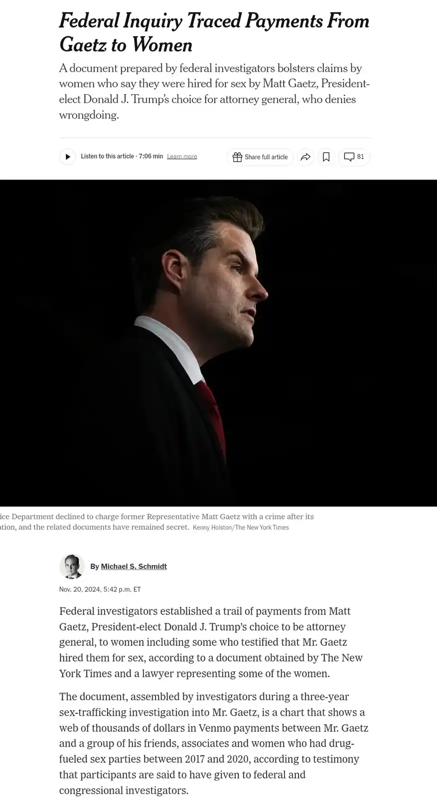 A screenshot of a New York Times article about Matt Gaetz, showing his profile picture and headline. The article details…