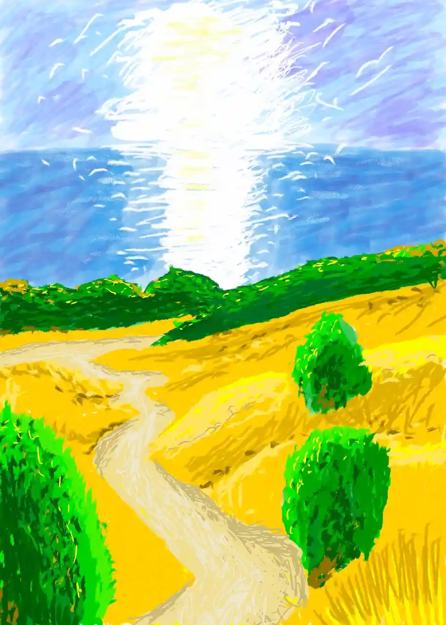 A colorful, stylized drawing depicts a winding dirt path through a golden field with green bushes, leading toward a bright…