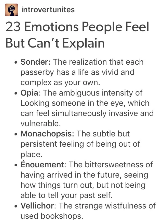 A text-based image from the subreddit 'introvertunites' lists '23 Emotions People Feel But Can't Explain,' defining terms…