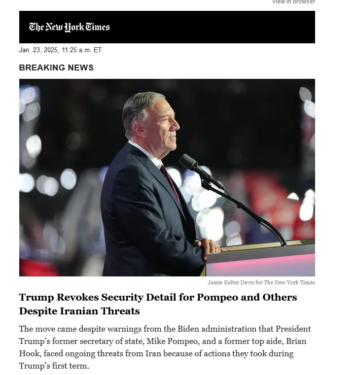 A screenshot of a New York Times article dated Jan 23, 2025, shows Mike Pompeo speaking at a podium. The headline reads…