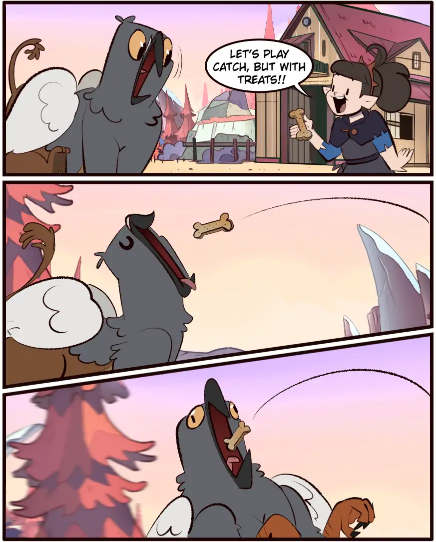 A three-panel comic strip from 'The Owl House' shows a young girl enthusiastically offering a bone-shaped treat to a large…