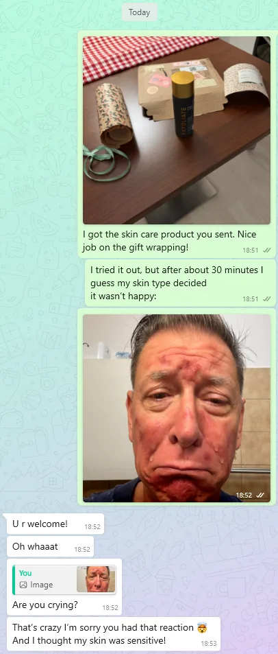 A screenshot of a text conversation shows a person sending a photo of a skincare product and gift wrapping supplies, then…
