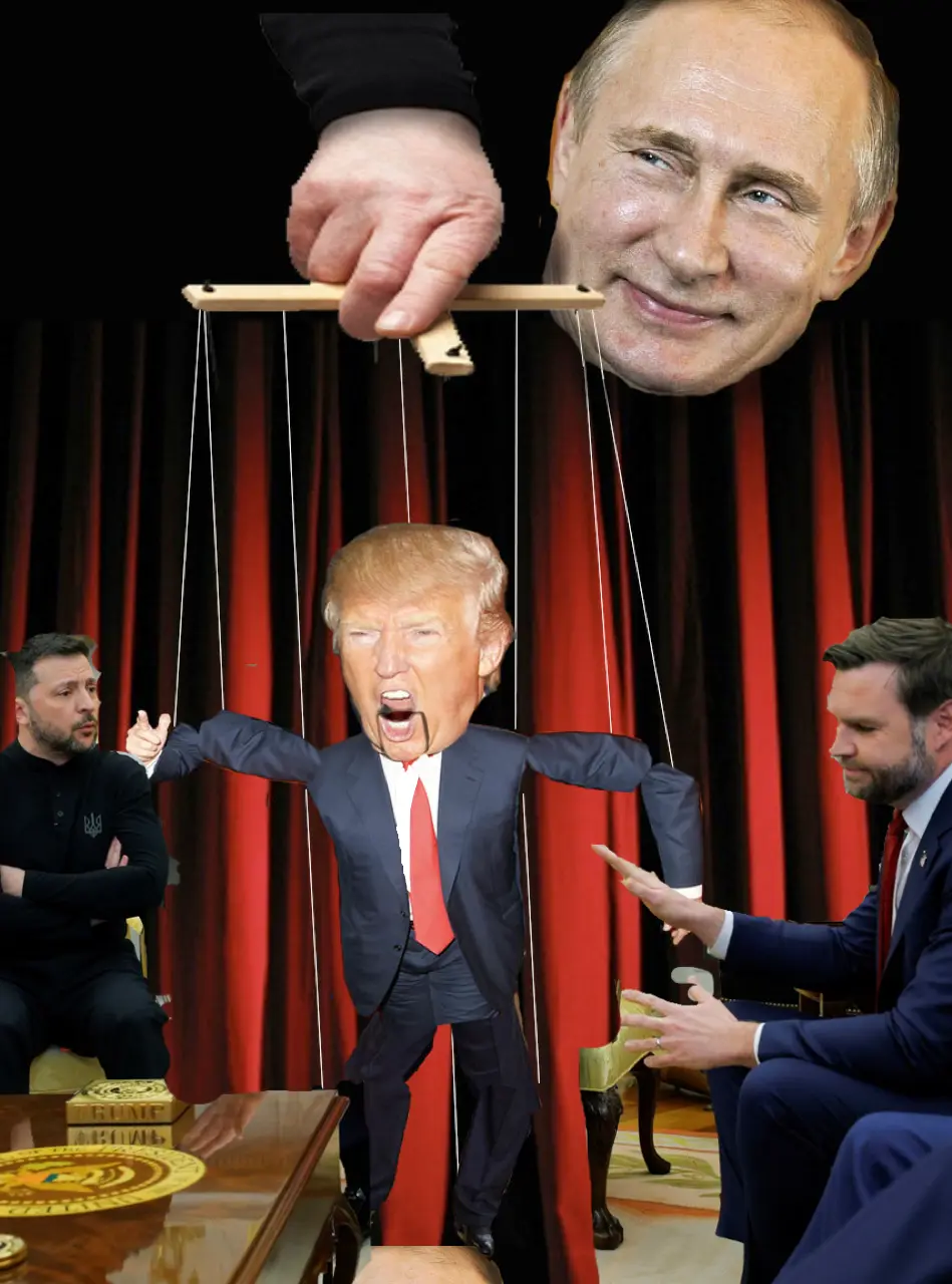 A digitally manipulated image shows a giant puppet head of Vladimir Putin holding strings that control a puppet of Donald…