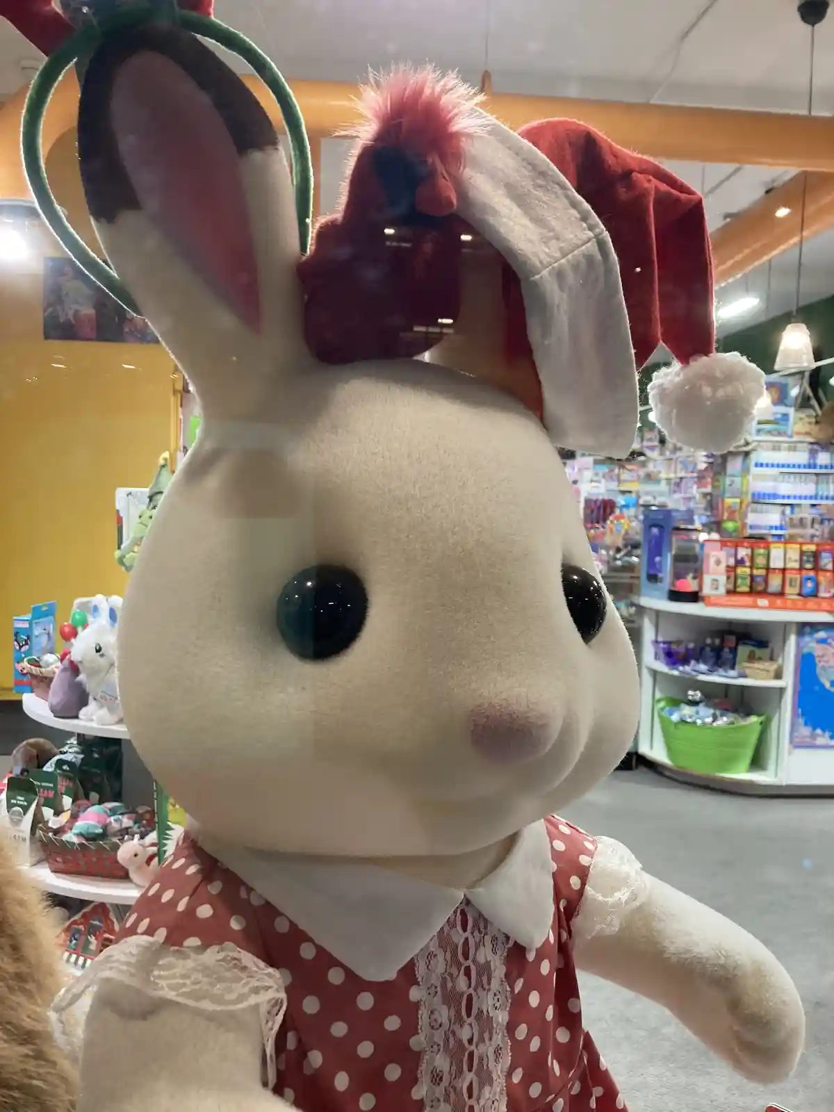 A close-up of a large, white plush bunny wearing a red Santa hat with a white pom-pom and a red polka-dot dress with lace…