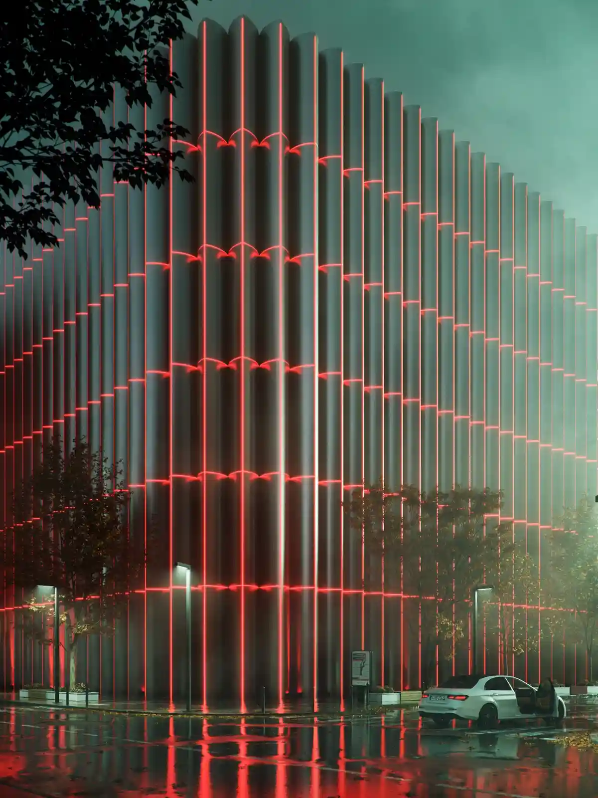 A white car with its door open is parked on a wet street in front of a futuristic building with vertical red neon lights…