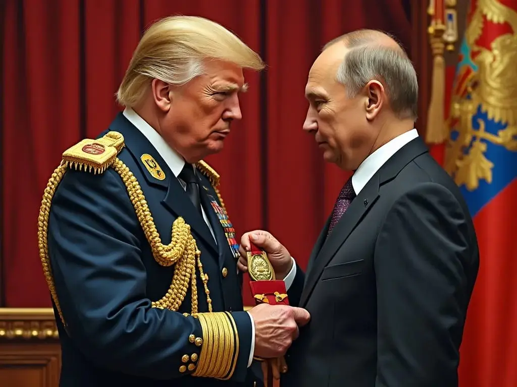 A digitally altered image shows Donald Trump in an ornate, heavily decorated military uniform with gold braiding and…
