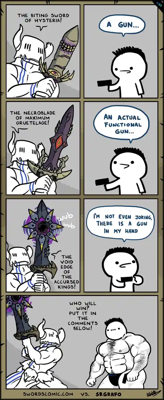 A six-panel comic strip shows a knight in a helmet crying while holding increasingly elaborate fantasy swords with names…