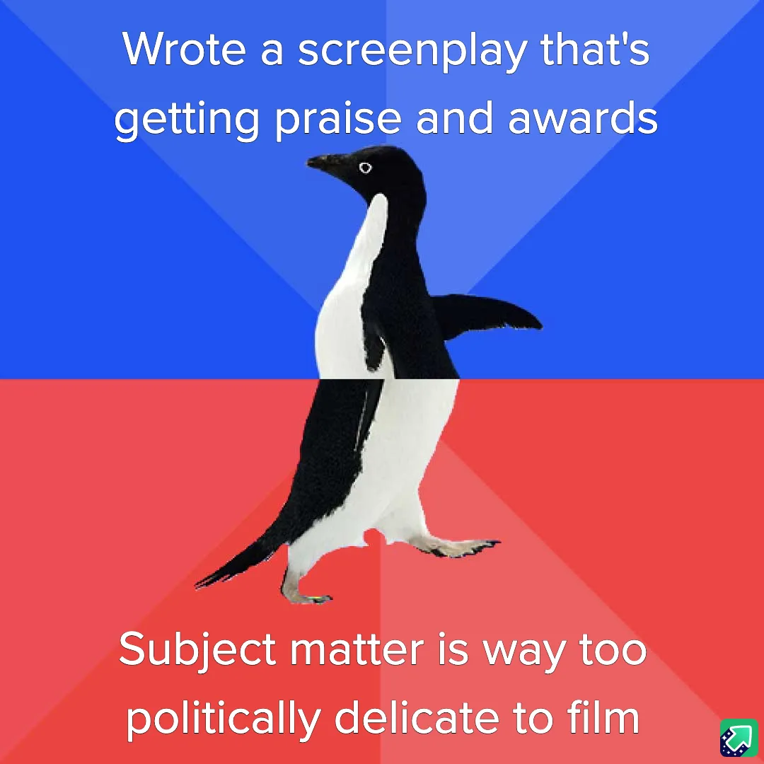 A penguin stands centered against a split background of blue and red, with white text overlaid. The top text reads 'Wrote a…