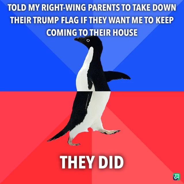A penguin stands centered against a split blue and red background, with white text at the top reading 'TOLD MY RIGHT-WING…