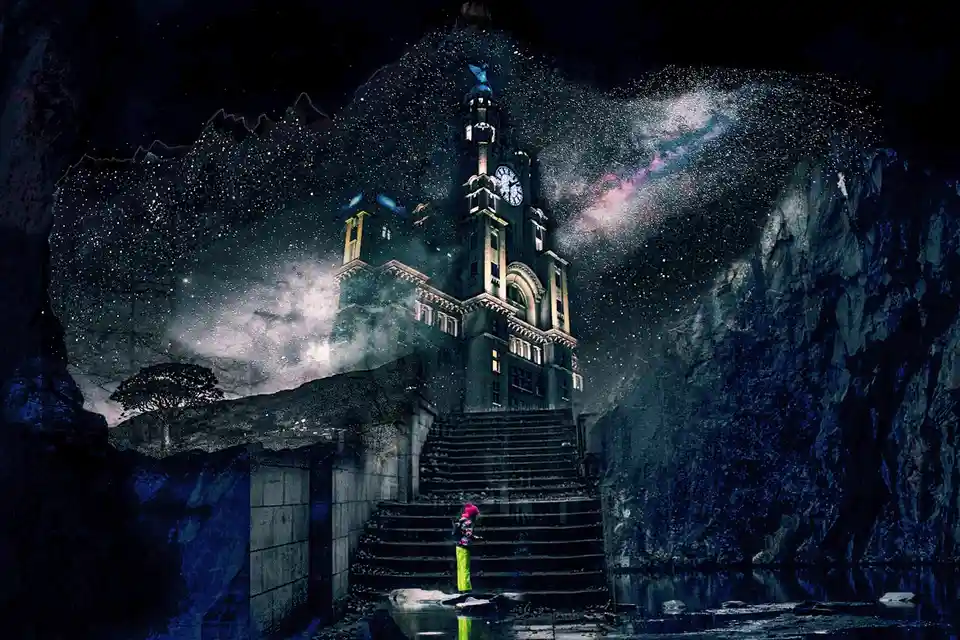 A small person in bright clothing stands at the base of a grand, illuminated clock tower staircase inside a dark cave. Above…