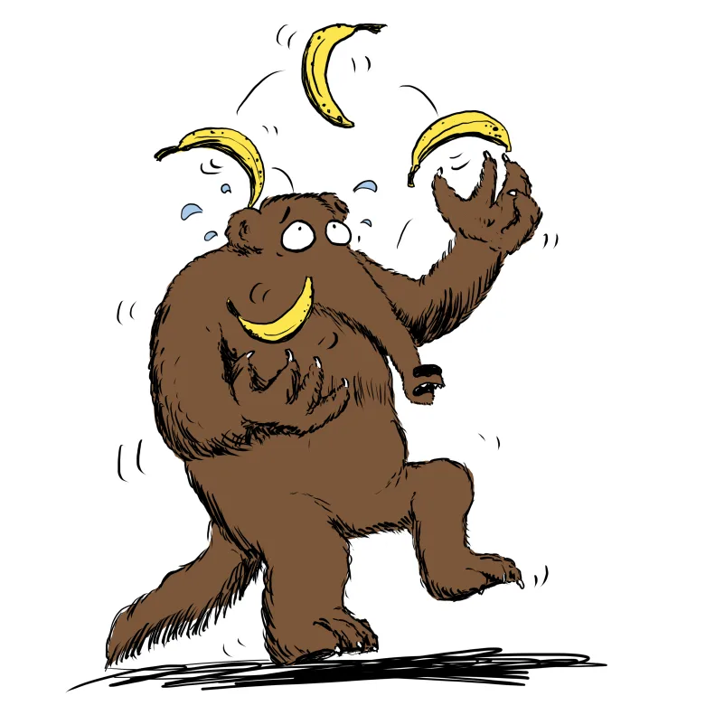 A cartoon brown bear with a banana-shaped grin juggles three bananas while looking stressed, with sweat drops around its…