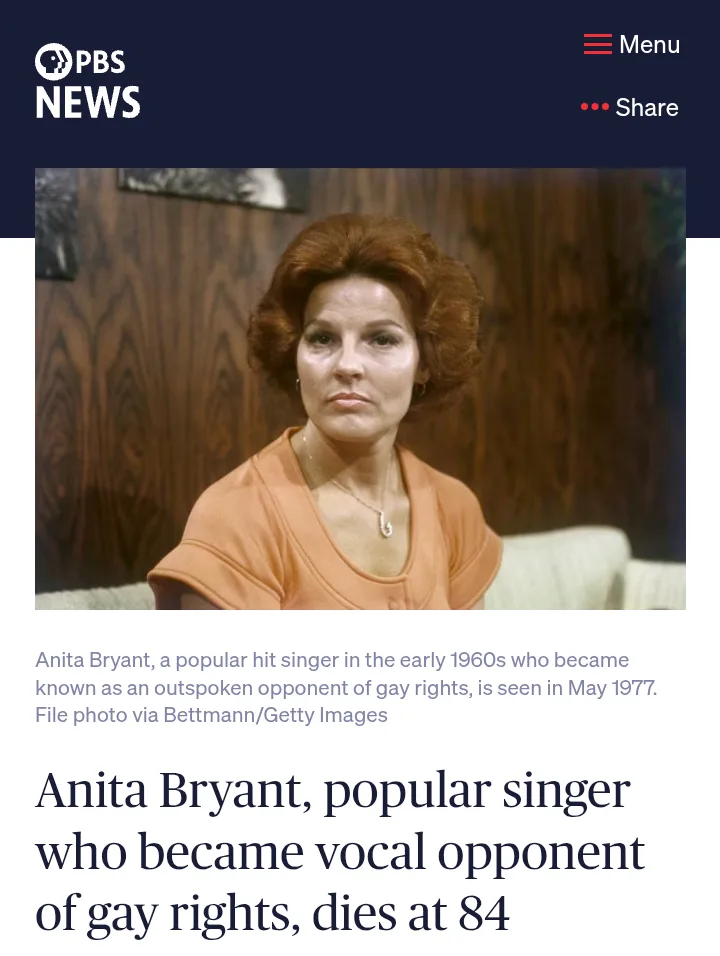 A screenshot of a PBS News article featuring a photo of Anita Bryant from 1977, with the headline stating she died at 84…