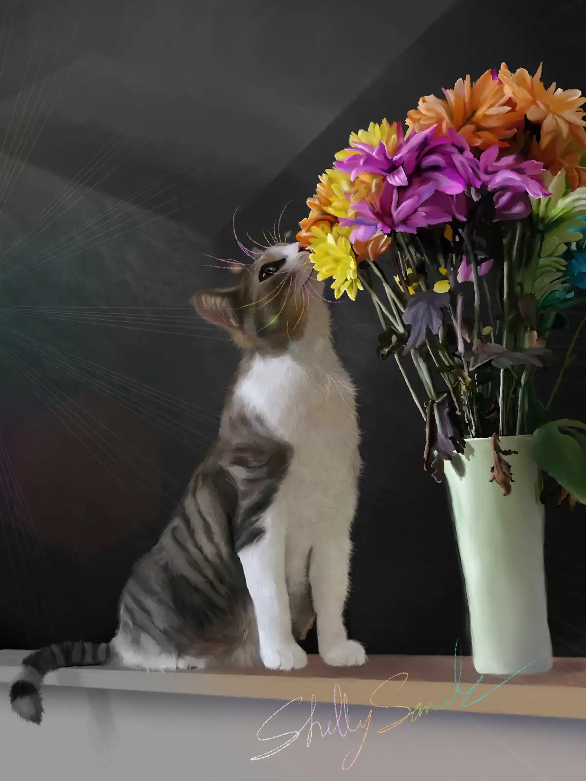A digitally painted cat with grey and white fur sits on a wooden shelf, looking up at a colorful bouquet of orange, purple…