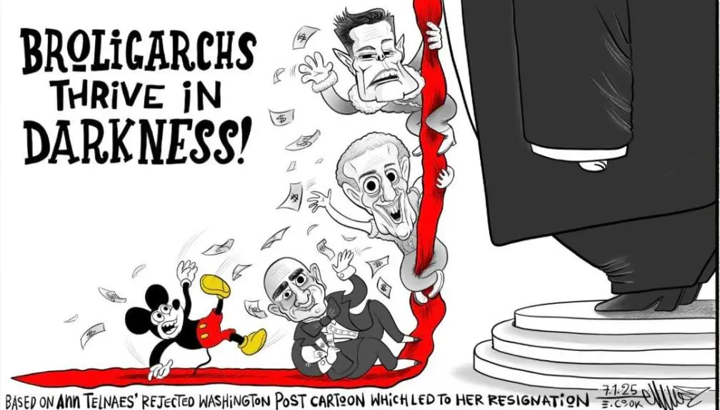 A political cartoon shows three caricatured men climbing a red carpet toward the shadowy leg of a large figure in a suit…