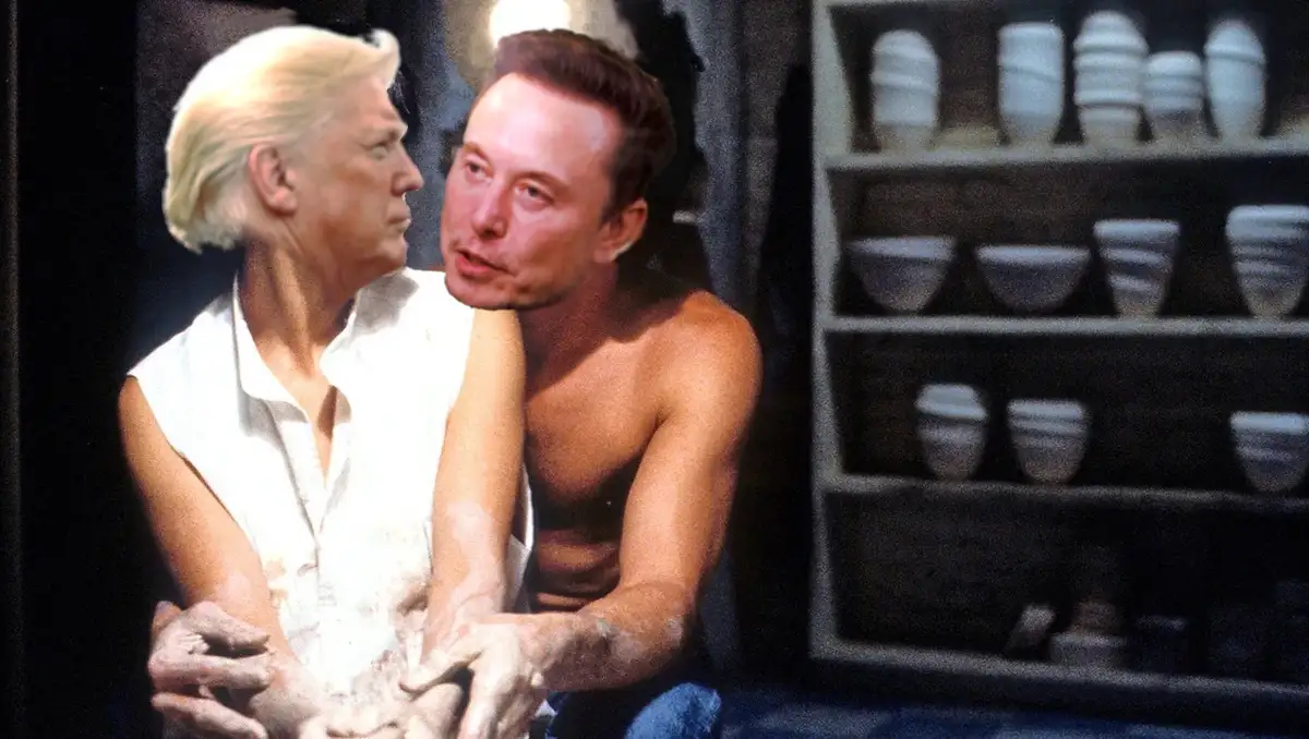 A digitally altered image shows two men in a pottery studio, both covered in clay, with one man's face replaced by Elon…