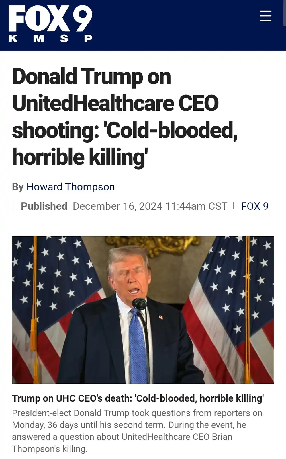 A screenshot of a FOX 9 news article featuring a photo of Donald Trump speaking at a podium with two American flags behind…