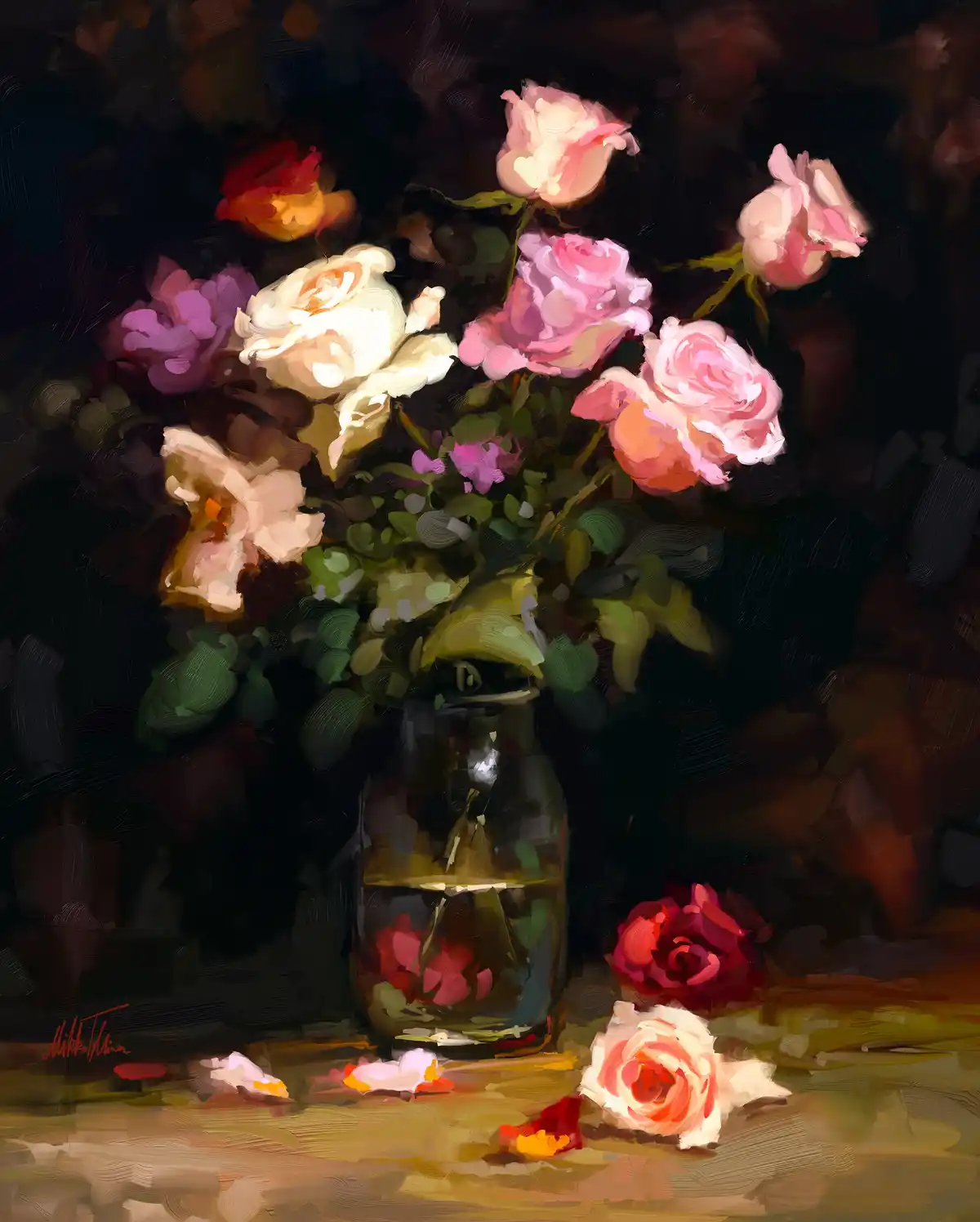 A painterly still life depicts a glass vase overflowing with pink, white, and red roses against a dark background, with…