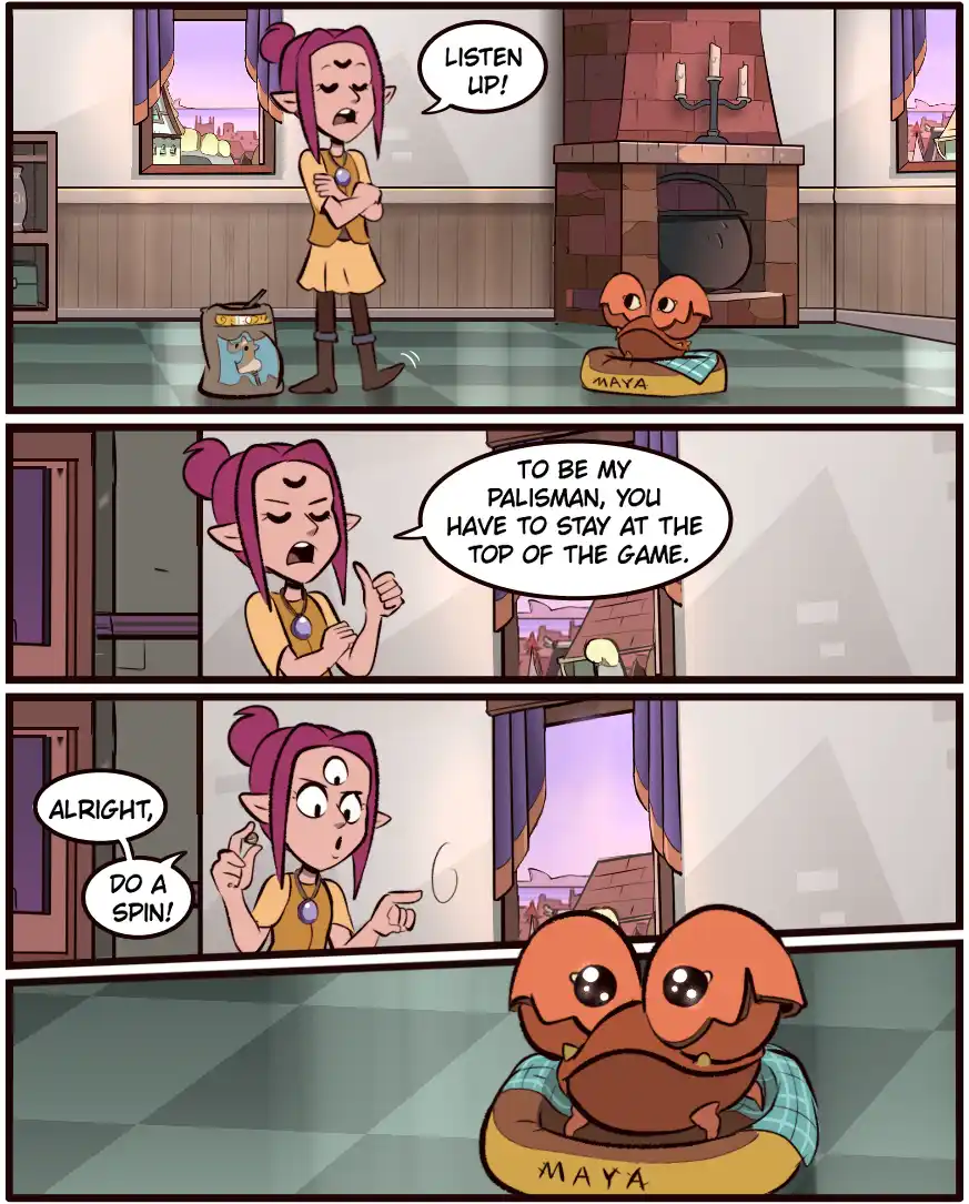 A three-panel comic strip from 'The Owl House' shows a purple-haired girl sternly telling her pet crab, Maya, that to be her…