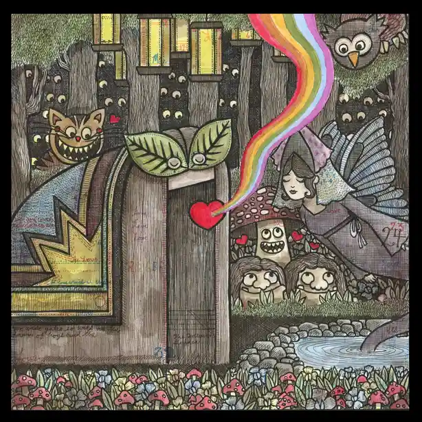 A whimsical, hand-drawn fantasy scene depicts a wooden door with a leafy handle and a red heart, flanked by a grinning cat…
