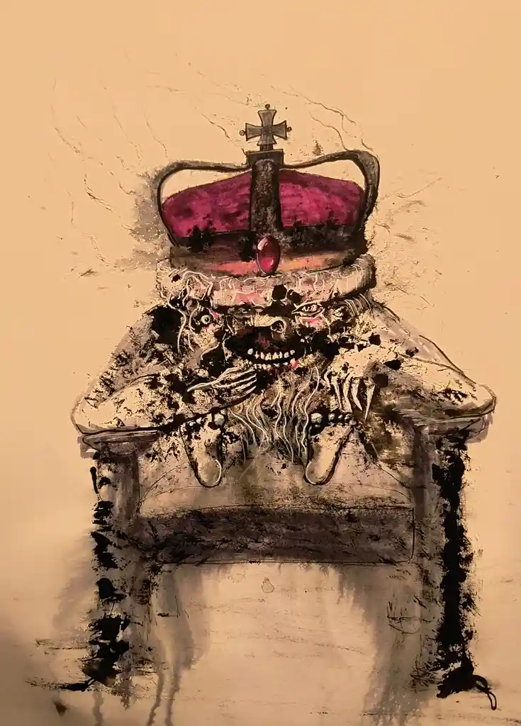 A dark, textured painting depicts a skeletal, crowned figure seated on a throne, with a purple crown featuring a cross and…