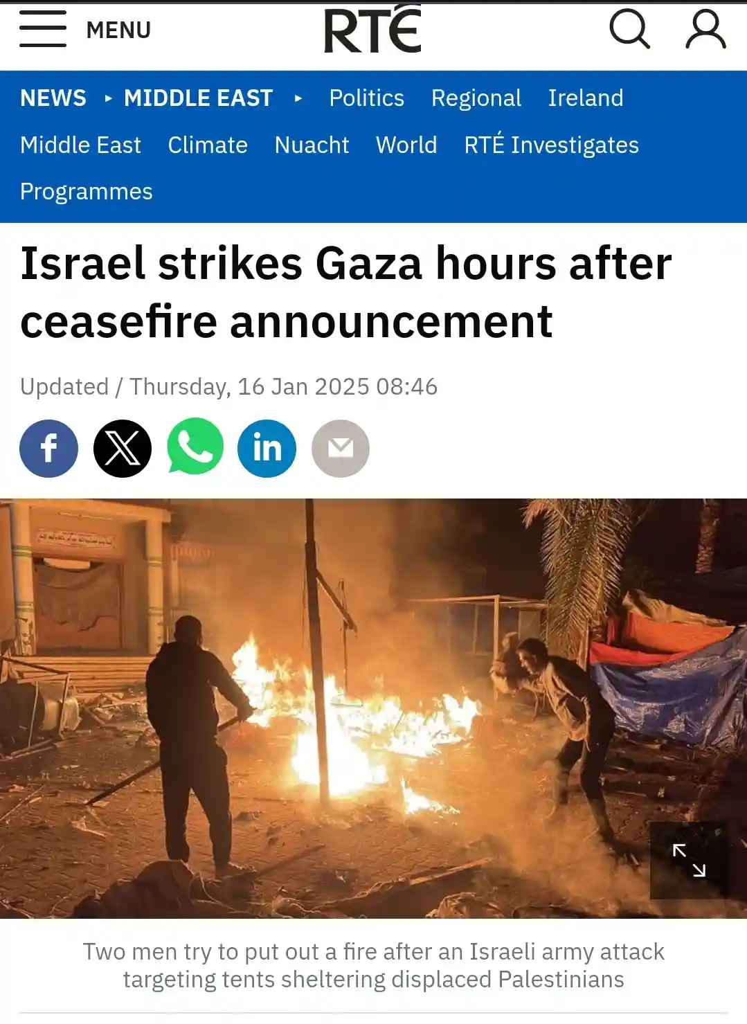 A screenshot of an RTE news article from January 16, 2025, shows a fiery scene at night where two men are trying to…
