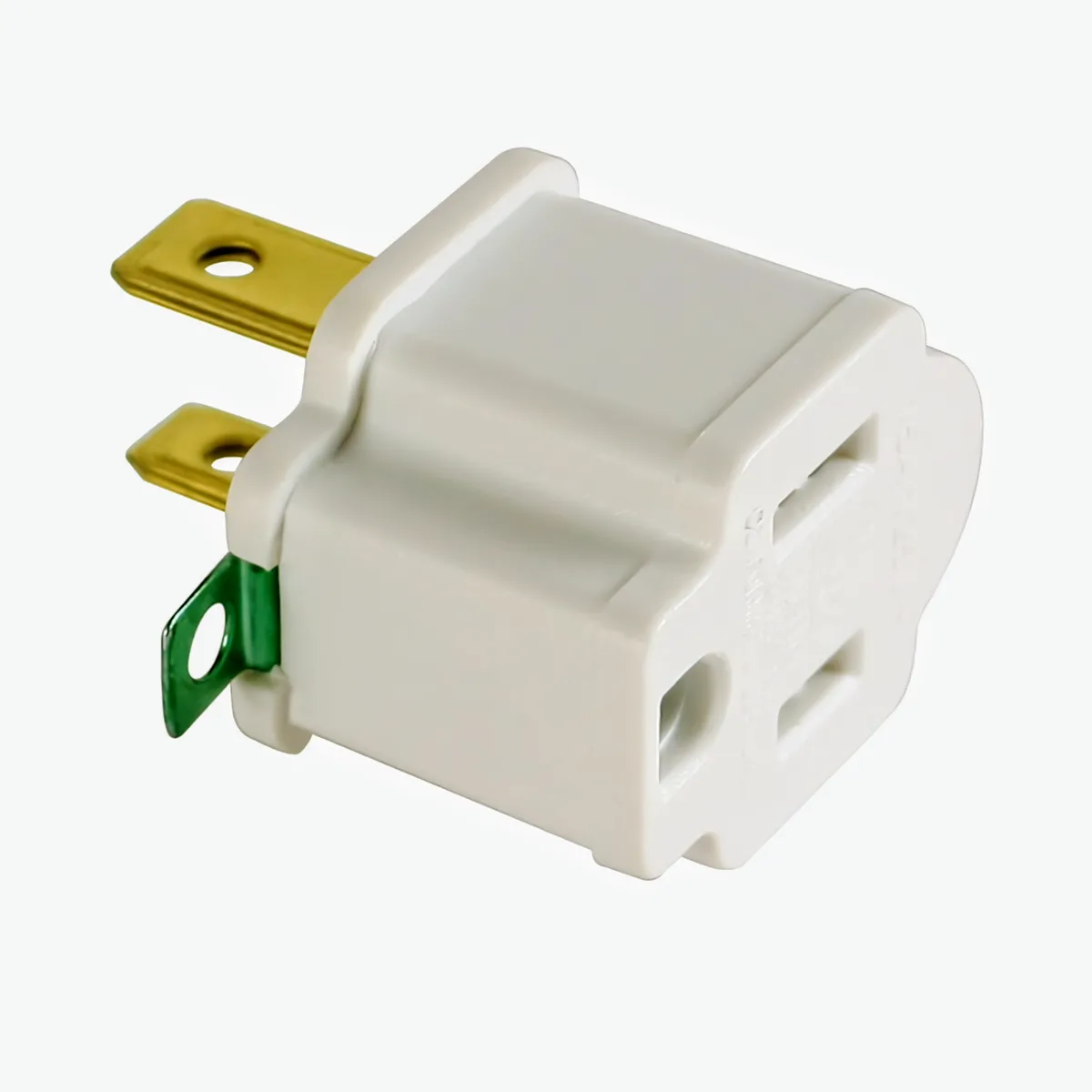 A white electrical plug with two gold prongs and one green prong, shown against a plain background. The image has overlaid…
