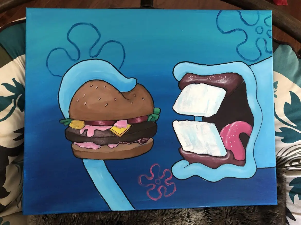 A hand-painted canvas depicts a cartoonish hamburger with blue tentacle-like legs and a blue hat, facing a large open mouth…