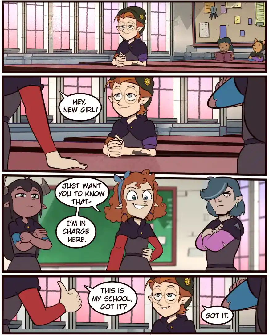 A four-panel comic strip shows a new student being introduced to a school by a teacher. The teacher, a young elf with…
