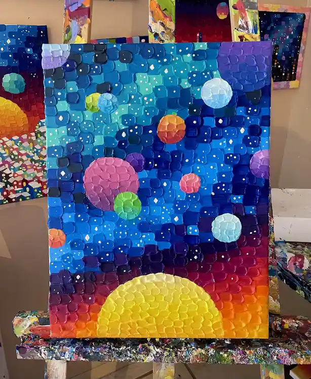 A textured, thickly painted canvas depicts a colorful, stylized solar system with multiple planets floating in a blue…