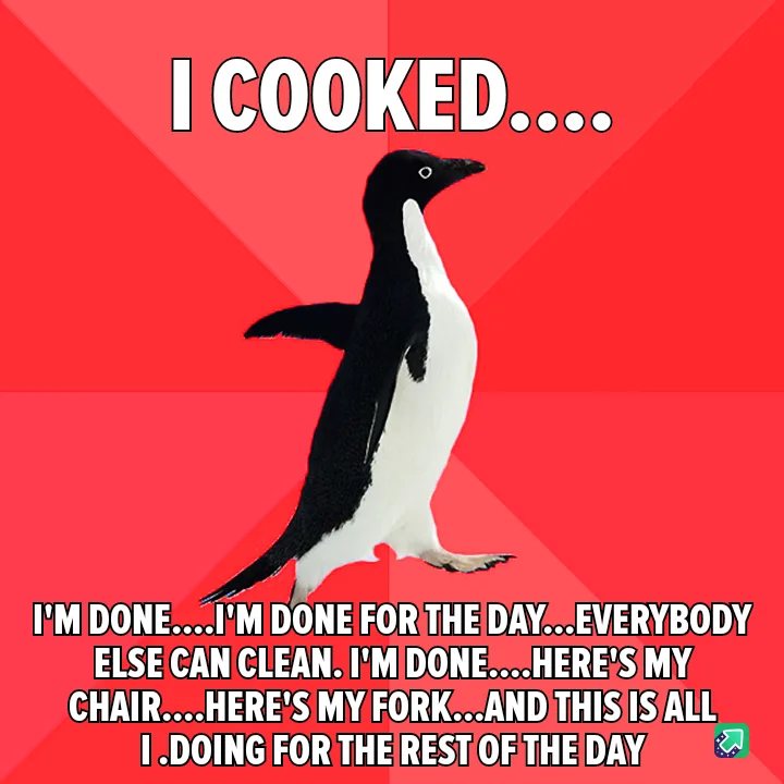 A black-and-white penguin stands against a red background with white text overlaid. The top text reads 'I COOKED....' and…