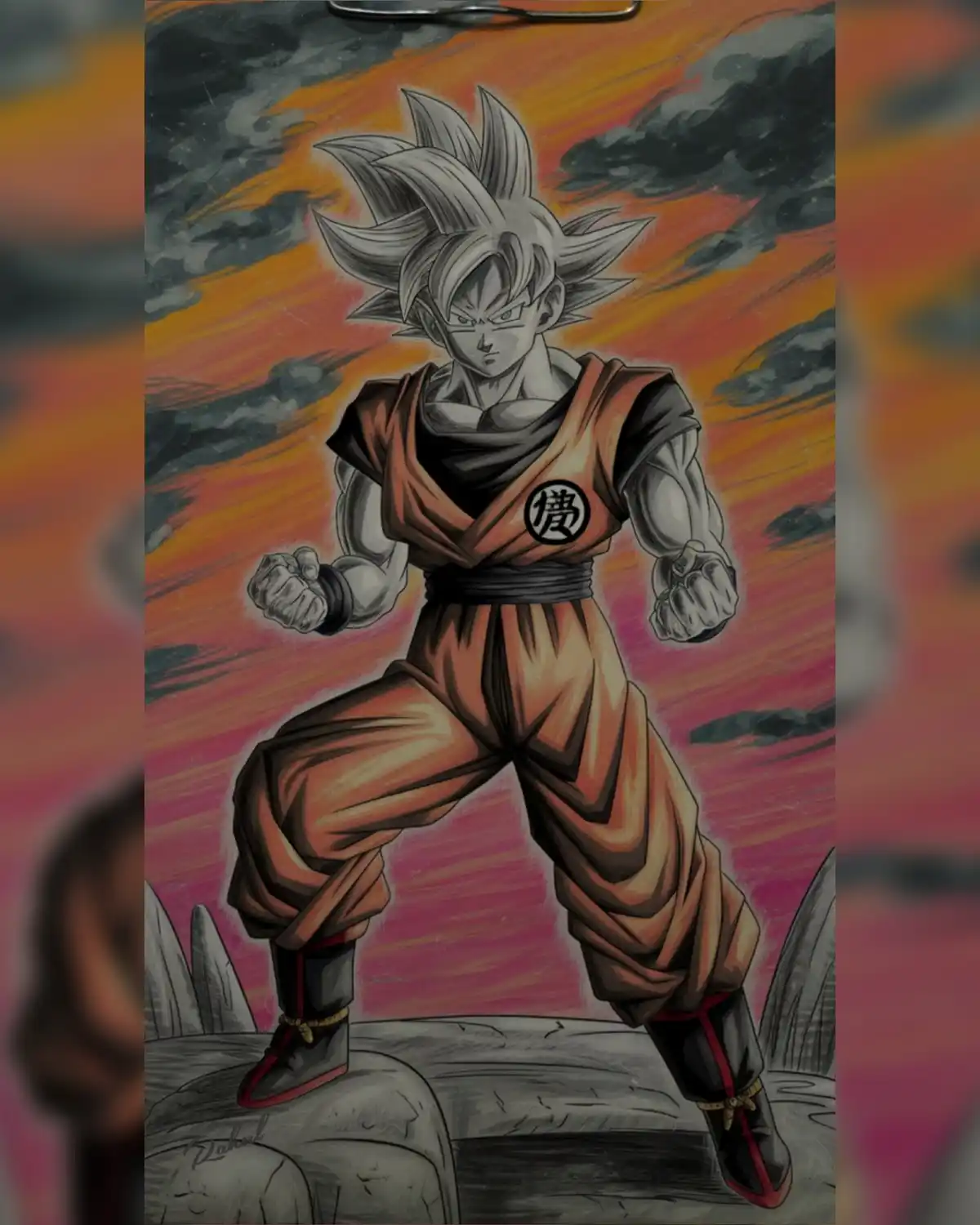 An anime-style drawing of the character Goku in his Super Saiyan form, standing in a fighting stance on a rocky surface…