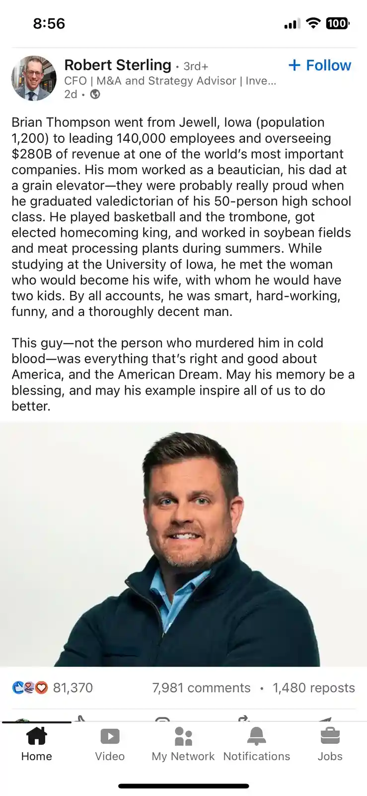 A LinkedIn post by Robert Sterling features a photo of Brian Thompson, a man with short brown hair and a beard, smiling…