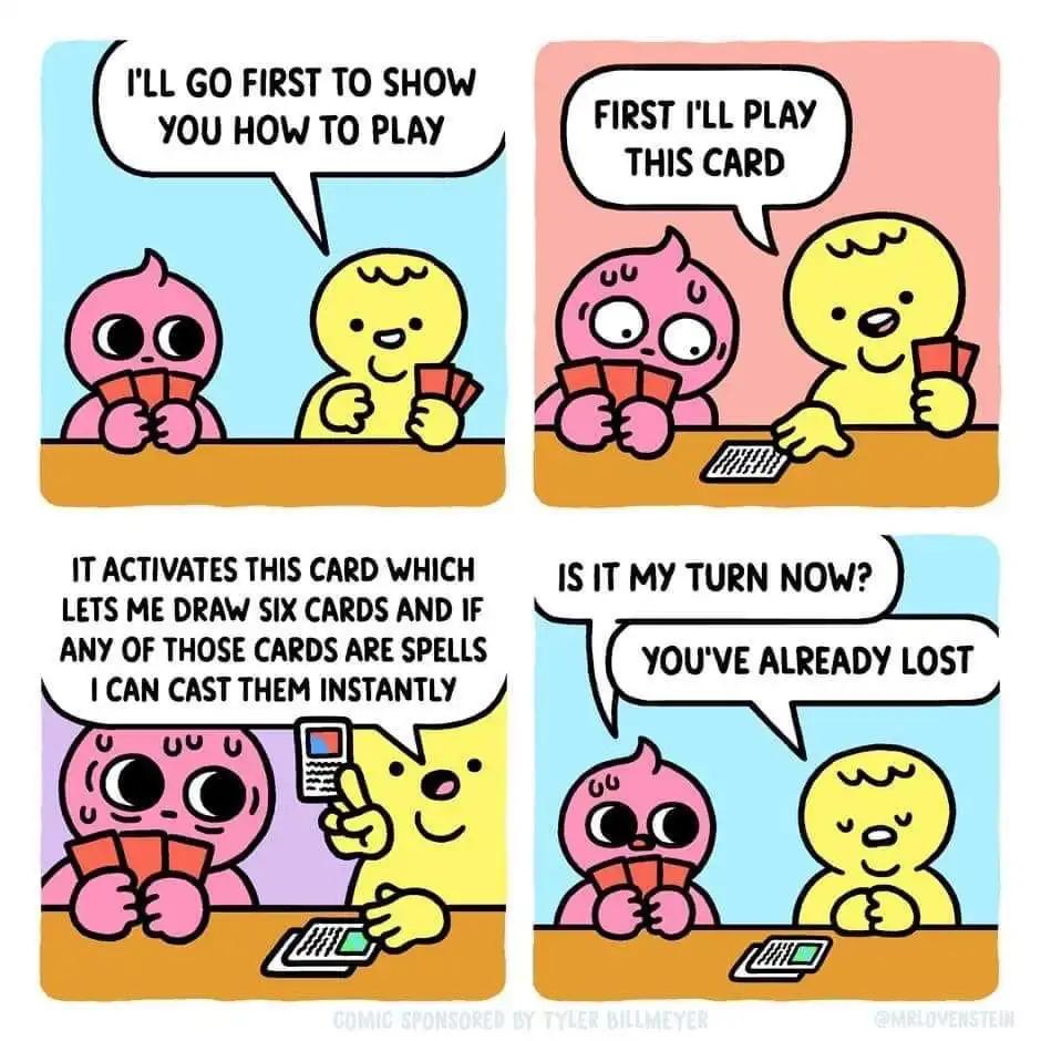 A four-panel comic shows two cartoon characters playing a card game. The pink character says they'll go first to show how to…